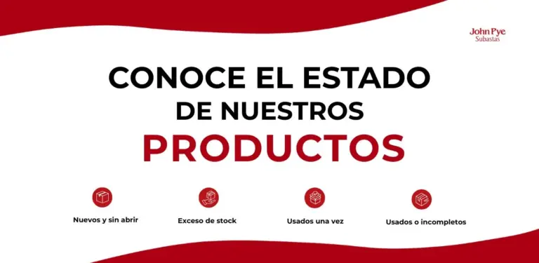 Guía para entender el estado de los productos en subastas online de John Pye: nuevos y sin abrir, exceso de stock, usados una vez y usados o incompletos. Incluye iconos y etiquetas para cada categoría.
