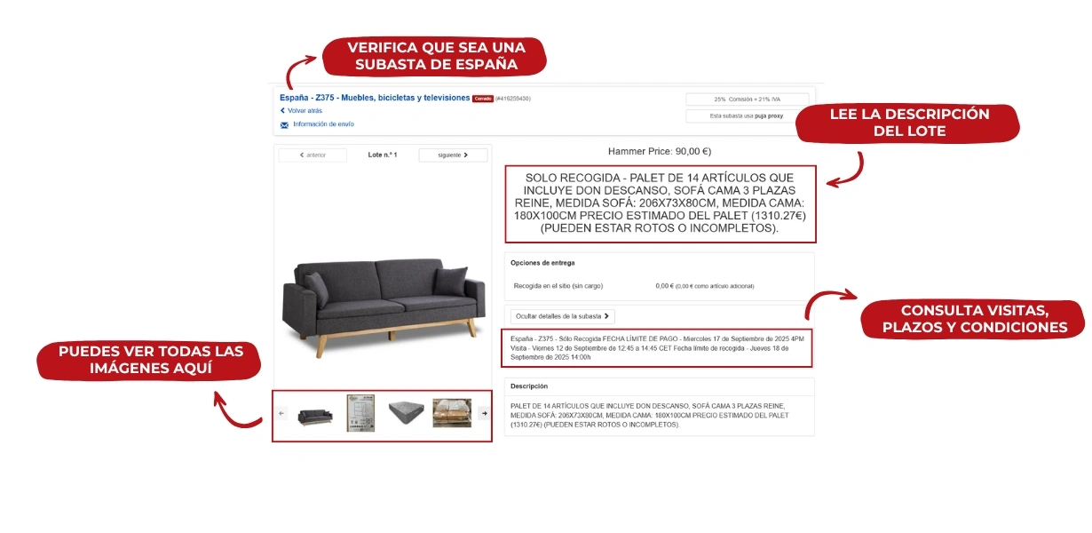 Captura de pantalla de una ficha de lote en la web de John Pye Subastas, con anotaciones que indican cómo verificar que es una subasta de España, dónde ver las imágenes del producto, leer la descripción del lote, y consultar fechas de visita, recogida y condiciones.