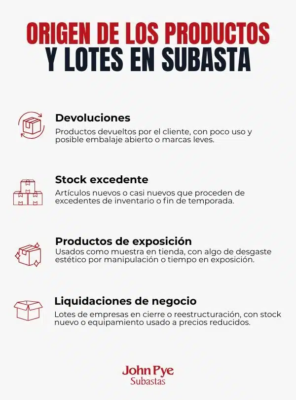 Infografía sobre el origen de los productos y lotes en subasta en John Pye: devoluciones, stock excedente, productos de exposición y liquidaciones de negocio.