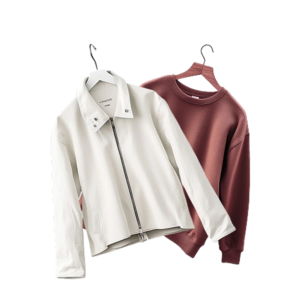 Chaqueta clara y sudadera rosa colgadas en perchas, como ejemplo de ropa en las subastas de moda y complementos de John Pye.