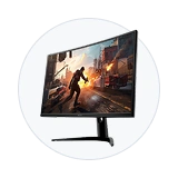 Icono de monitor gaming con escena de videojuego, referencia de monitores en subasta