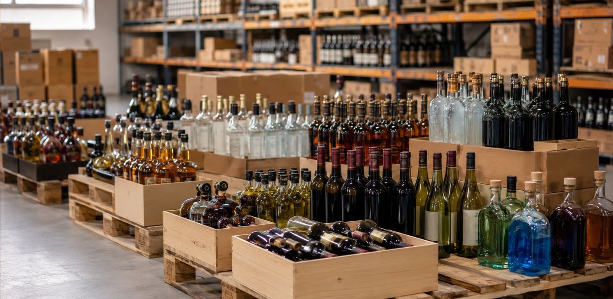 Subasta de bebidas alcohólicas con lotes disponibles para mayores de 18 años y recogida presencial en almacén.