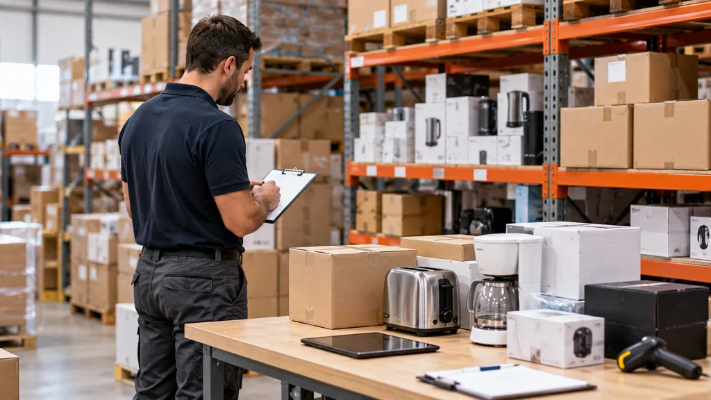 Preparación e inventariado de productos descatalogados en un almacén empresarial antes de su venta mediante subasta online.